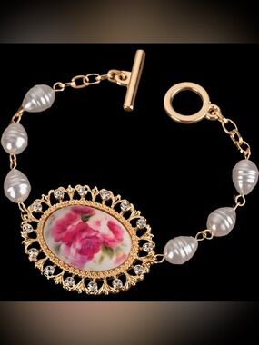 Gold Plated Faux Pearl Vintage Style Rose and Rhinestone Toggle Bracelet